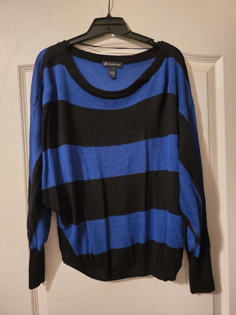 INC International Concepts Blue Black Striped Metallic Sweater Large